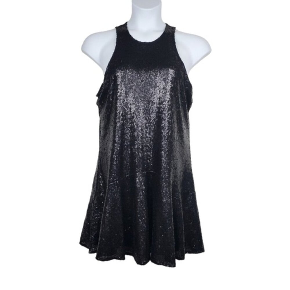 Free People Womens Sleeveless Black Liquid Shine Sequin Mini Dress Size M